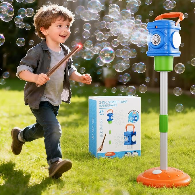 4-in-1 Street Lamp Bubble Machine for Toddlers 1-3 4-8, Bubble Toys Gifts for Kids Boys Girls, Automatic Stand Bubble Maker with R/C Wand, Adjustable Height - Outdoor/Indoor Party Favor