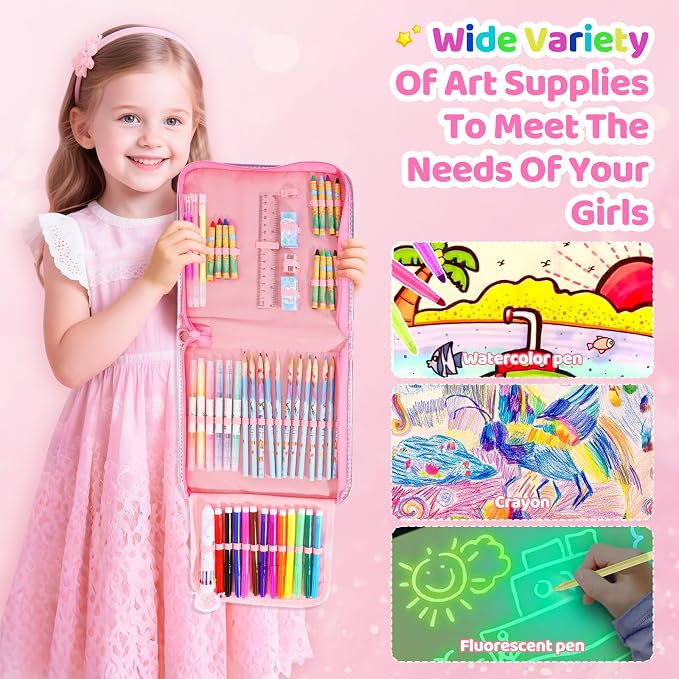 MAIGOZON Axolotl Gifts for Girls - 72 PCS Scented Markers Art Set for Kids Ages 4-8, Coloring Kit with Glitter Case, Mermaid Coloring Book & Quick-Dry Gel Pens, Birthday Christmas Gift