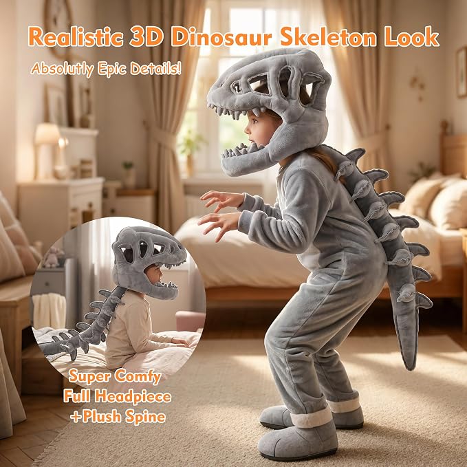 Dinosaur Skeleton Costume, Wearable Spinosaurus Skull Mask & Spine, Silly Dino Skeleton Halloween Costumes Outfit