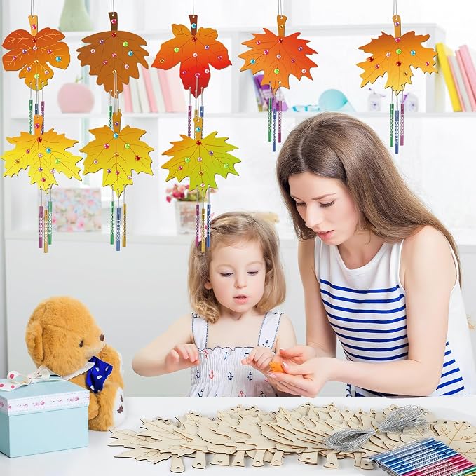 gisgfim 16 Pack Fall Wind Chime Kits for Make Your Own Maple Leaves Wind Chime Wooden DIY Arts and Crafts for Thanksgiving Autumn Party Decorations Supplies Birthday Favor