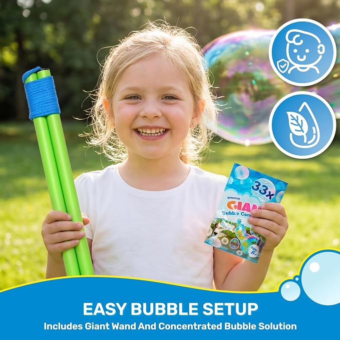 SYNCFUN 4 Pcs Giant Bubble Wand, 1 Big Bubble Wand Set with 3 Packs 33X Super Concentrate Solution, Giant Bubbles Maker for Kids Summer Outdoor Toy Game Activity Birthday Party Favors