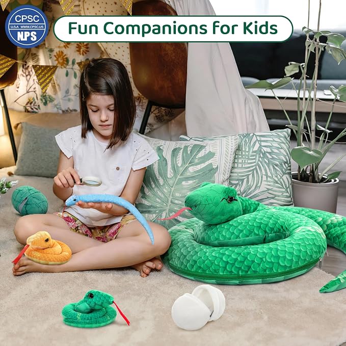 MorisMos Giant Snake Stuffed Animal Mommy with Babies & Eggs,Realistic Stuffed Snake Plush Toys for Kid Girl Boy 3 5 7 8 12,Long Green Boa Constrictor Anaconda Toys,Python Gift for Halloween Christmas
