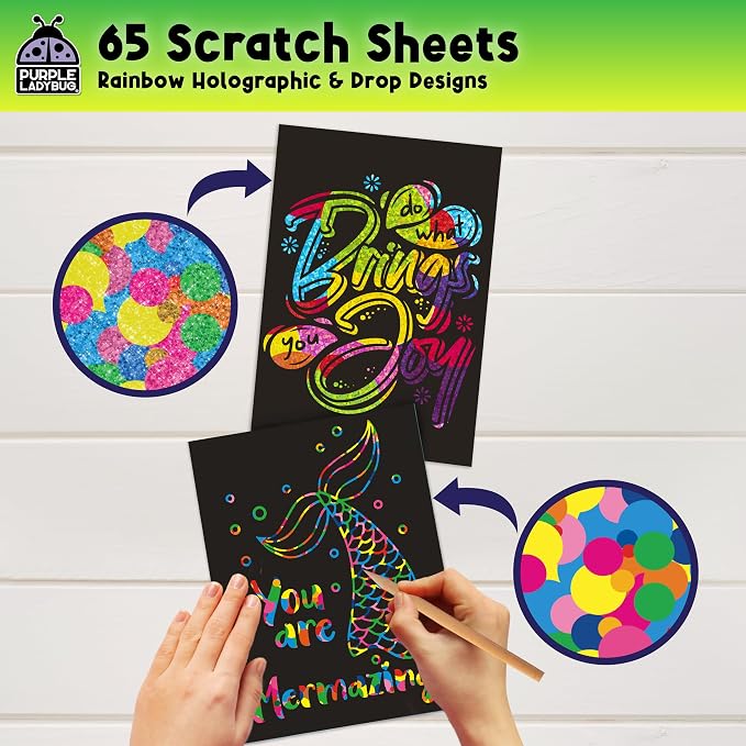 PURPLE LADYBUG Rainbow Scratch Art Paper, 79 PCS Creative Drawing Paper & Stencils - Arts and Crafts for Ages 4-12, Kids Craft Activity Set, Summer Activities for Kids, Travel & Wedding Activities