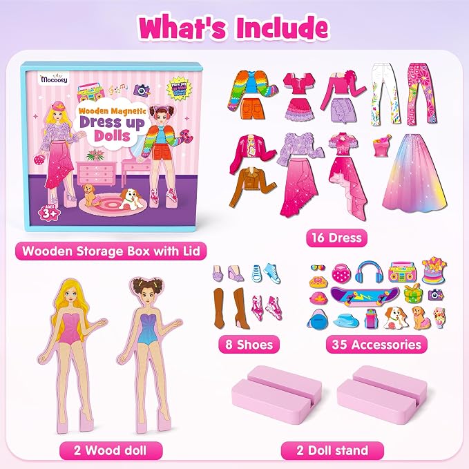 Mocoosy Wooden Magnetic Dress Up Dolls for Kids, Pretend Play Magnet Toys with Storage Case, Travel Game Airplane Car Road Trip Toy On The Go Activity Set Birthday Gift for Girls 3 4 5 6 7 8 Year Old