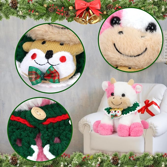 Hopearl Adorable Christmas Plush Cow Toy Floppy Dairy Cattle Soft Kawaii Stuffed Animal Cute Xmas Gifts for Boys Girls Kids Toddlers, Pink, 9''