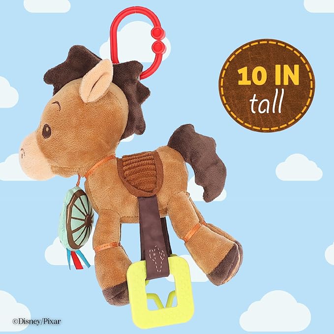 Disney Toy Story Bullseye Activity Toy – Plush Baby Sensory Toy with Teethers, Rattle, Crinkle Textures and On the Go Clip for Infants and Toddlers