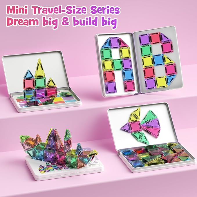 WMXDU Mini Magnetic Tiles, 40PCS Magnetic Building Blocks with Iron Box, Magnet Toys Travel Size On-The-Go Construction Set STEM Travel Toys for Boys and Girls Ages 3+
