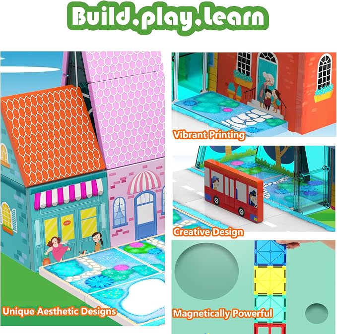 Magnetic Tiles for Kids, Fairytale Town Road Set, Magnetic Blocks Magnet Building Toys for 3-5 4-8 Years Old Boys Girls, Expansion Themed Magnet Educational STEM Creativity Toys 3+ Toddlers Xmas Gifts