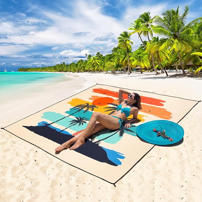 WIWIGO Beach Blanket Waterproof Sandproof Beach Mat 79" X 83"/10'x9'for 2-8 Adults Quick Drying Outdoor Picnic Mat Beach Accessories for Travel, Camping, Hiking