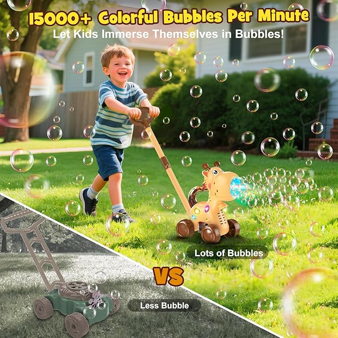 Nicmore Automatic Bubble Machine for Toddler 1-3: Giraffe Bubble Lawn Mover Outdoor Toy for 1 2 3 4 5 Year Old Boy Girl - Push or Handheld Bubble Maker Blower for Age 1-3 Kids Birthday Gifts