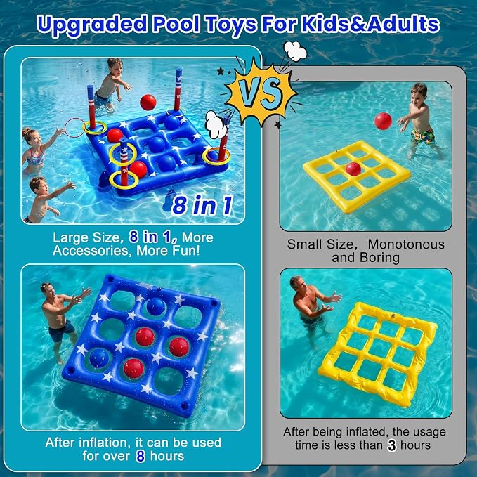 Pool Party Toys Games Set - Giant Inflatable Tic Tac Toe Float Game, Outdoor Pool Games for Adults Kids Family Pool Toys for 2-10 Players, Fun Swimming Beach Yard Activities with 10 Balls for Ages 6+
