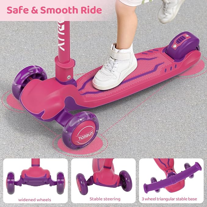 TONBUX Kids Scooter, Light Up 3 Wheel Kick Scooters for Kids 3-12, Folding Scooters with Adjustable Height - Toddler Scooter Lean-to-Steer & Widen Anti-Slip Deck