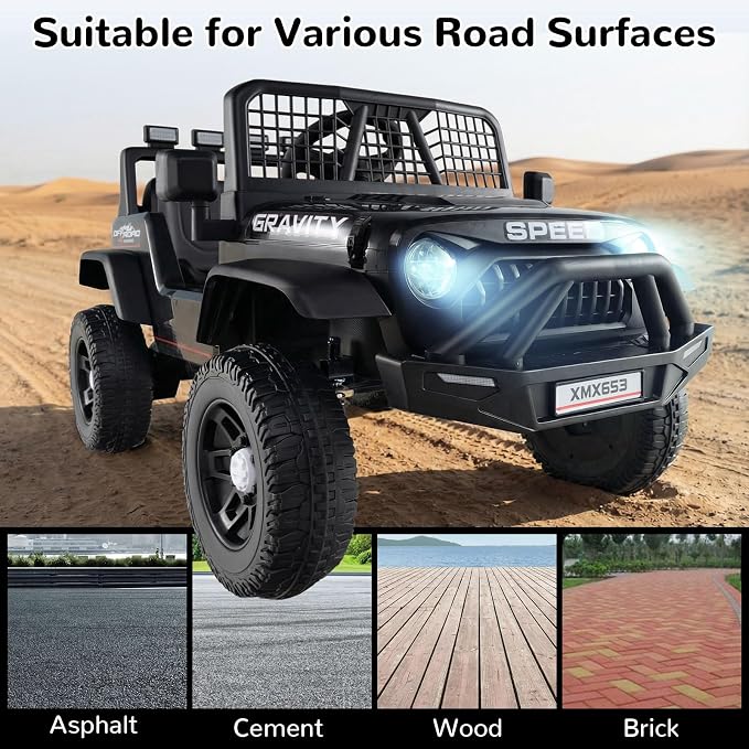 OLAKIDS 24V Ride on Car with Remote Control, Bluetooth, LED Lights, Horn, Spring Suspension, High/Low Speeds, Soft Start for Kids Aged 3+ (Black)