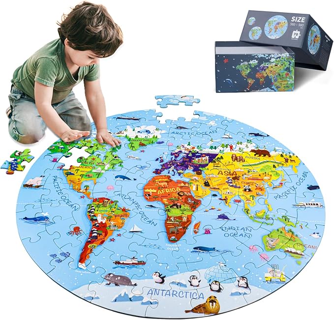 DIGOBAY World Map Jigsaw Puzzle for Kids 4-8, 70 Piece Large Round Floor Puzzles for Kids Ages Toddler Puzzle Globe Geography Games Educational Toys Birthday for Children
