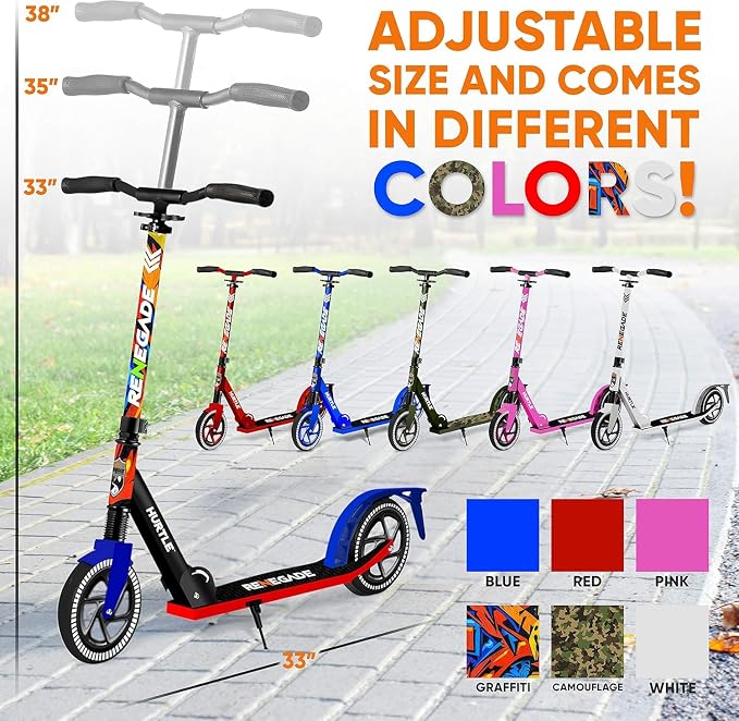 Hurtle Renegade Kick Scooter for Kids, Teenagers & Adults - 2-Wheel Folding Scooter with Adjustable T-Bar Handlebar - Alloy Anti-Slip Deck