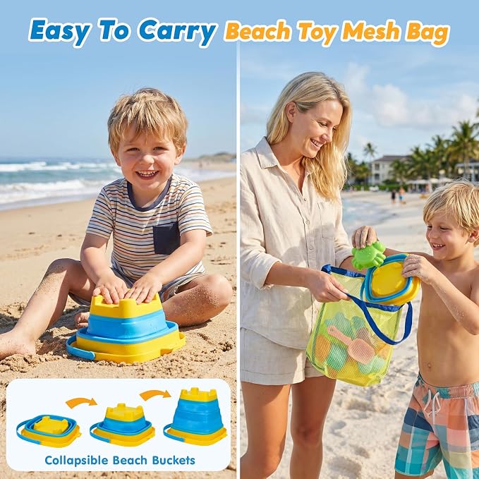 AuntyFey Beach Sand Toys for Toddler 1-3 with Trucks, 2 Collapsible Beach Toys for Kids Ages 4-8, Sandbox Toys for Toddler, Collapsible Beach Sand Buckets with Castle Sand Molds Shovels
