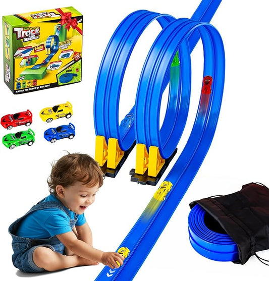 Flex Tracks 16.4 Ft Flexible Race Track for Kids Portable DIY Roll-Up Race Car Track Compatible with Diecast 1/64th Cars Birthday Gifts Easter Basket Stuffers for Kids for Boys Girls Ages 3+