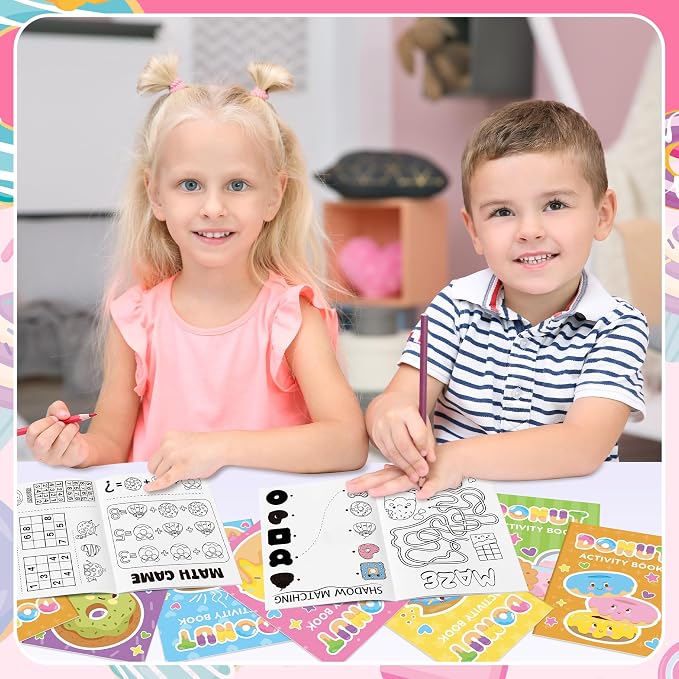 Donut Activity Books for Kids - 48Pcs Cute Doughnut Mini Game Coloring Booklet Bulk Maze Word Scramble Word Search Games for Birthday School DIY Activity Supplies Classroom Reward Goodies Bag Stuffer
