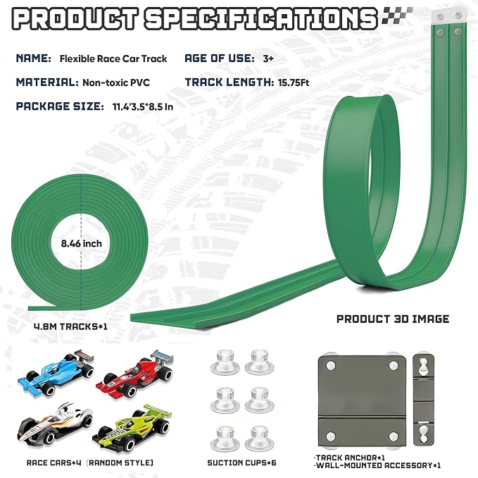 15.75 Ft Flex Track for Kids, Flexible Race Track Compatible with Hot Wheels and Diecast 1/64th Cars, Roll-Up Portable Race Car Ramp Track with Suction Cups & Track Anchors & 4 Race Cars, Green