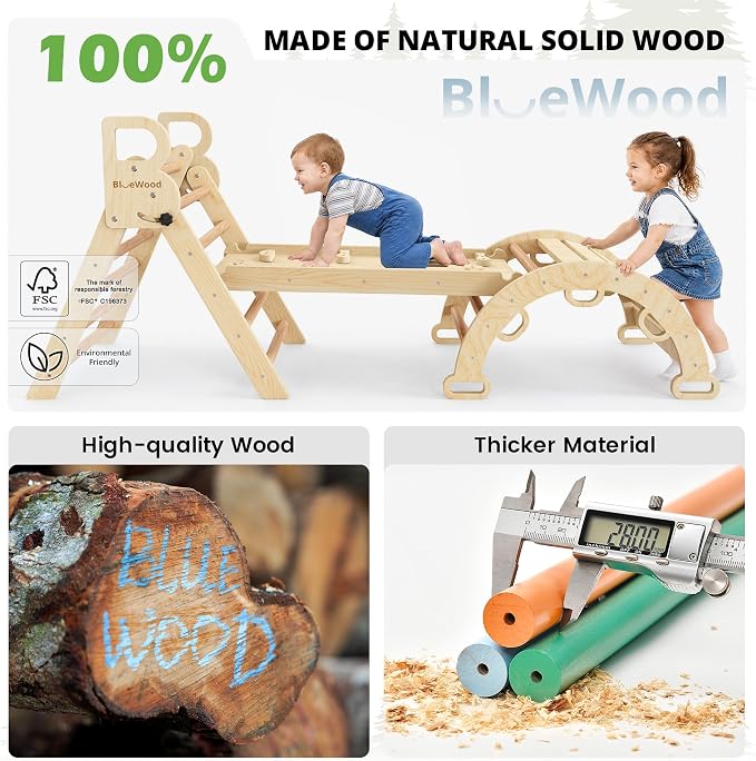 BlueWood Pikler Triangle Set with Cushion - Climbing Toys for Toddlers 9-in-1, Montessori Philosophy Play Jungle Gym with Arch, Ramp, Ladder (Natural Color)