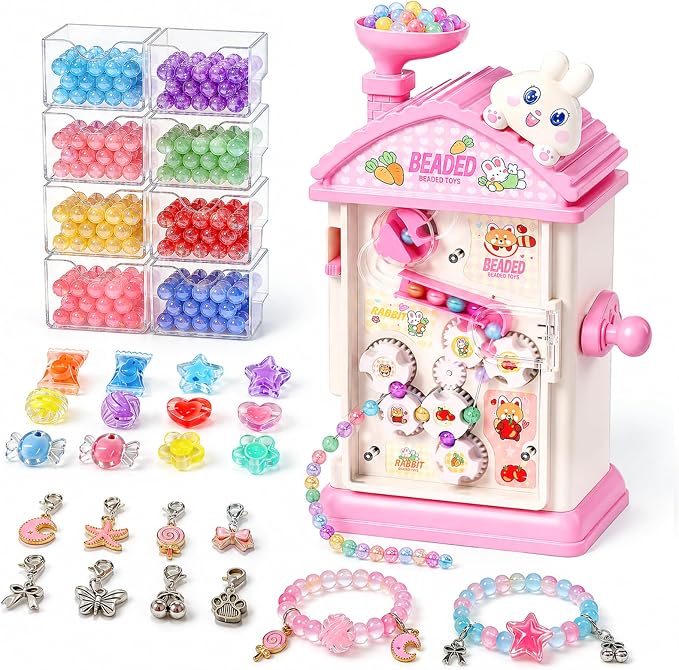 STACTCUTE 820Pcs Beads Bracelet Maker Machine for Girls 6-12, DIY Charm Jewelry Making Kit Makes up to 60 Bracelets, Mess-Free Arts and Crafts Bunny Toy, Friendship Gifts for Kids 6 7 8 (Pink)