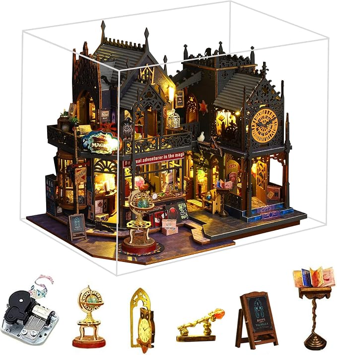 Fifijoy DIY Miniature Dollhouse Kit, Holo Magic City DIY Miniature House kit Wooden Dollhouse Kit, DIY Mini House kit for Adults to Build