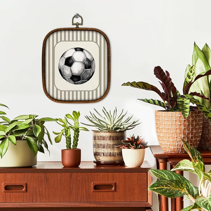 WULQYING Soccer Sports Nursery Wall Art Decor, Boys Room Square Framed Canvas Art Prints, Neutral Striped Sport Lover Gift Wall Hanging Decor for Kids Nursery Room Playroom, 5.7x6.5 Inches