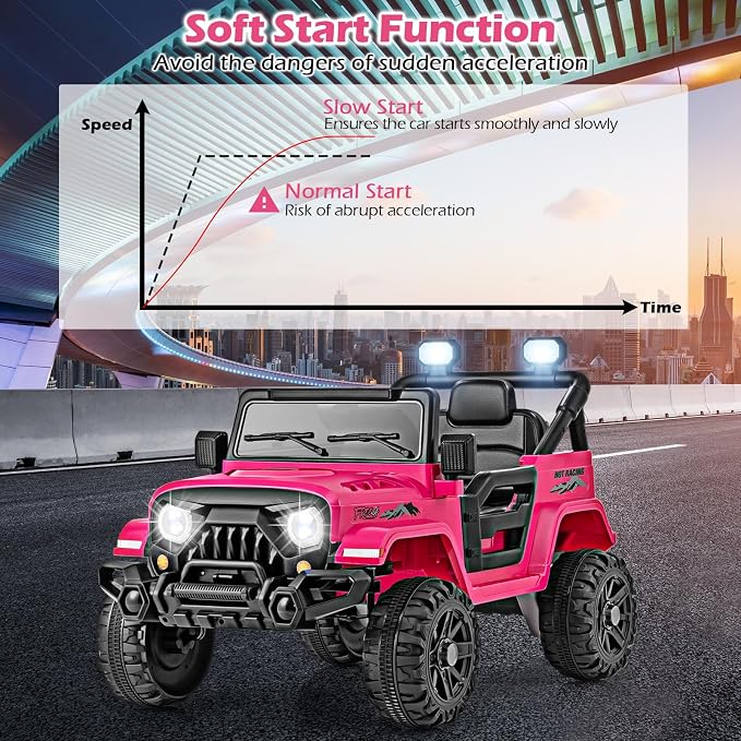 OLAKIDS Ride on Truck, 12V Battery Powered Electric Vehicle for Kids with Remote Control, Bluetooth, Power Display, LED Lights, Music Player, Ride on Toy for 3+ Boys Girls (Pink)