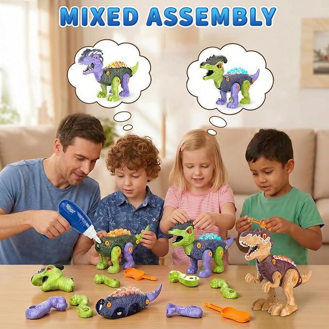 Take Apart Dinosaur Toys for Kids 3-5, Walking Dinosaurs with Spray, Lights & Electric Drill, STEM Educational Construction Building Toy, Christmas Birthday Gift for 3 4 5 6 7 8 Year Old Boys