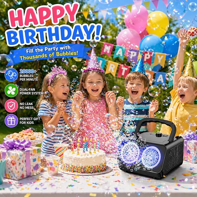 SHCKE Automatic Bubble Machine with 2 Fans,20000+ Bubbles/Min | Dual power USB-C/AA, No-Leak Sealed Bottle,Portable Bubble Maker for Pool, Wedding, Camping, Birthday Parties