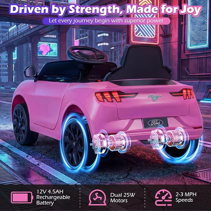 Costzon Ride on Car, 12V Licensed Ford Mach E Kids Electric Vehicle with Parent Control, LED Lights, Horn, Music, Wireless Connection & Spring Suspension, Kids Car Toy for Girls Boys (Pink)