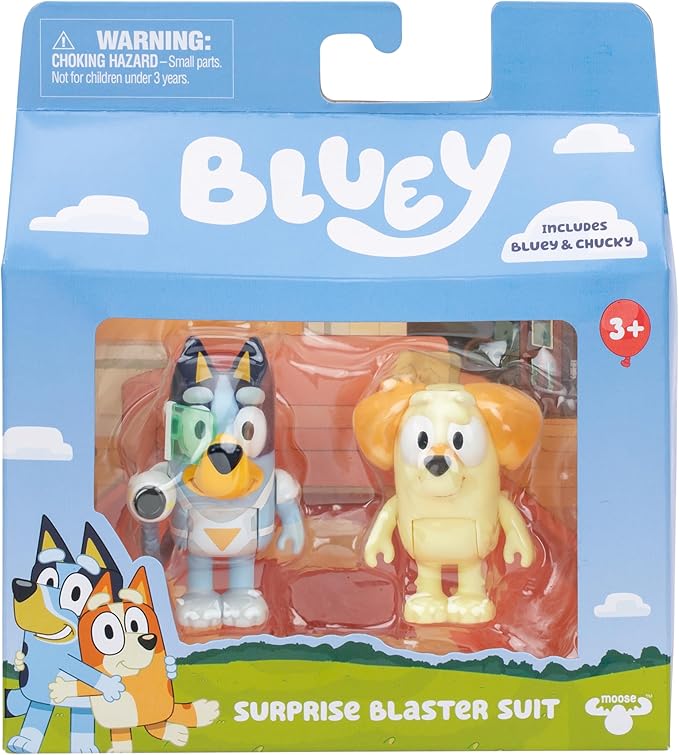Bluey Surprise Blaster Suit Action Figure Set of 2, Articulated Character Toys with Neighbour Chucky Figurine, Small Action Figures for Kids Ages 3+