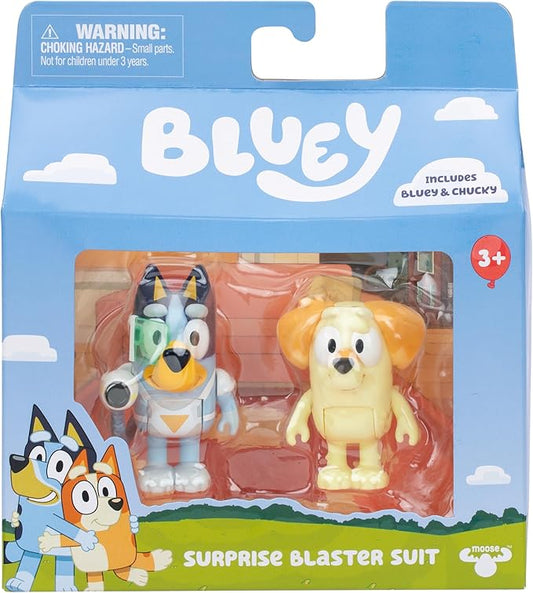 Bluey Surprise Blaster Suit Action Figure Set of 2, Articulated Character Toys with Neighbour Chucky Figurine, Small Action Figures for Kids Ages 3+