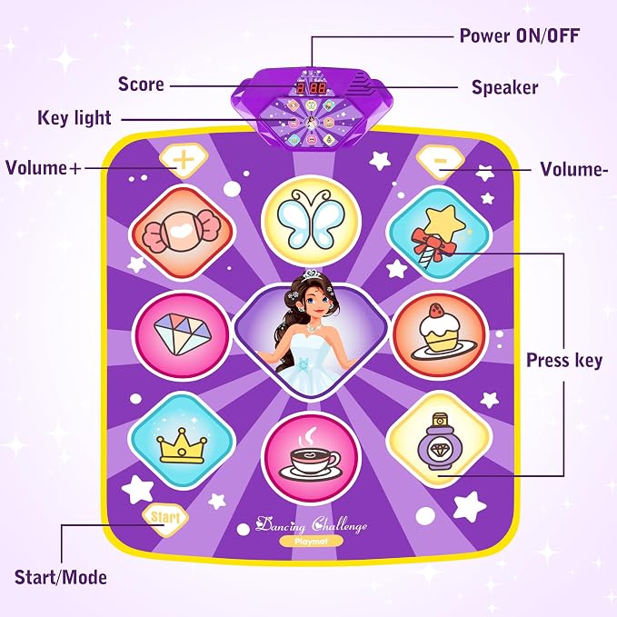 Kusntin Dance Mat, Dance Mixer Rhythm Step Play Mat, Pink Dance Pad with LED Lights, Adjustable Volume, Built-in Music, 5 Game Modes, Xmas Birthday Gifts for 3-10 Years Girls Toys (Purple-Princess)