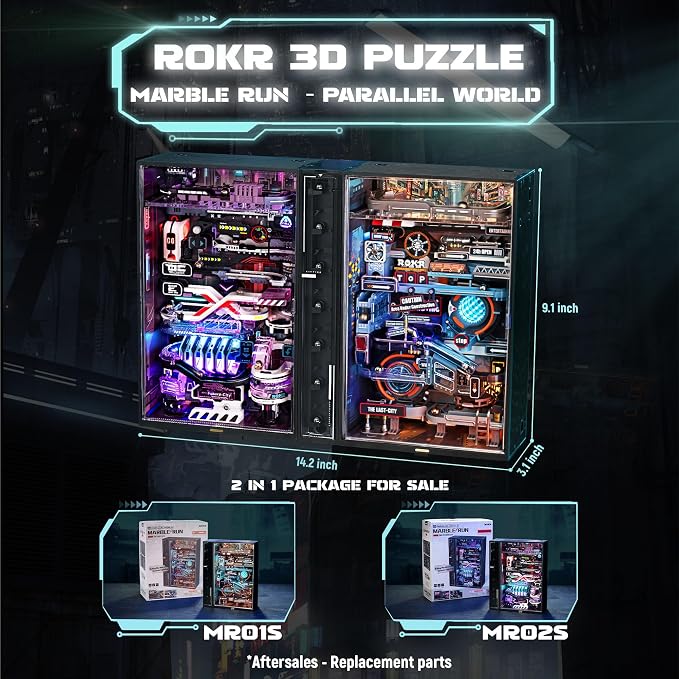 ROKR 2 in 1 Marble Run kit, 3D Plastic Puzzles for Adults, The Last City and The Future City Two Metal Models DIY Miniature Building Toy Kits, Gift for Women Men (Parallel World MRX01)