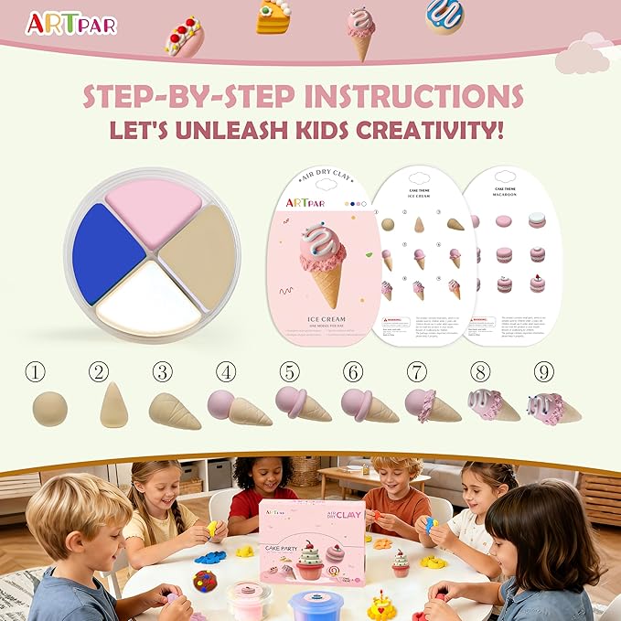 ARTPAR Air Dry Clay Kit,12 Desserts Modeling Magic Clay for Kids Sculpting Set, Ultra-Light & Soft, Safe and Non-Sticky | DIY Art & Crafts Fun Kitchen Toys, Home Party Favors for Boys & Girls