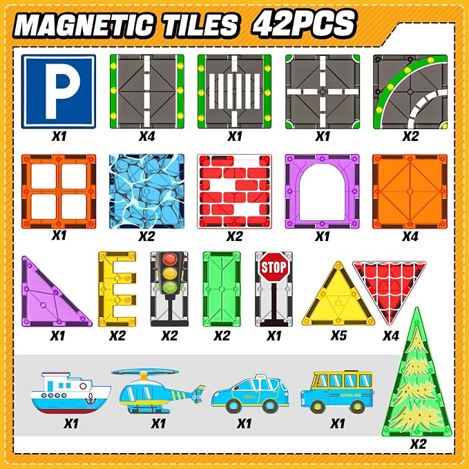 Magnetic Tiles City Road Set Kids Toys for 3 Year Old Boys Girls Magnetic Building Blocks with Cars Toys Construction Educational Magnets Tiles Gifts for Kids Toddlers Age 3-5 4-8 6 Christmas Birthday