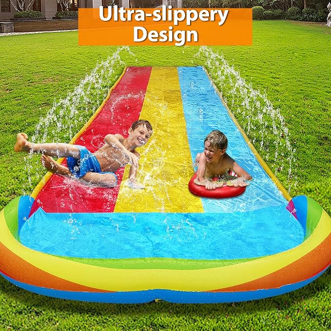 MorTime 22.5ft Slip Water Slide with Sprinklers, Slip and Slide with 3 Inflatable Bodyboards and Splash Pool Waterslide Backyard Lawn Outdoor Water Toy
