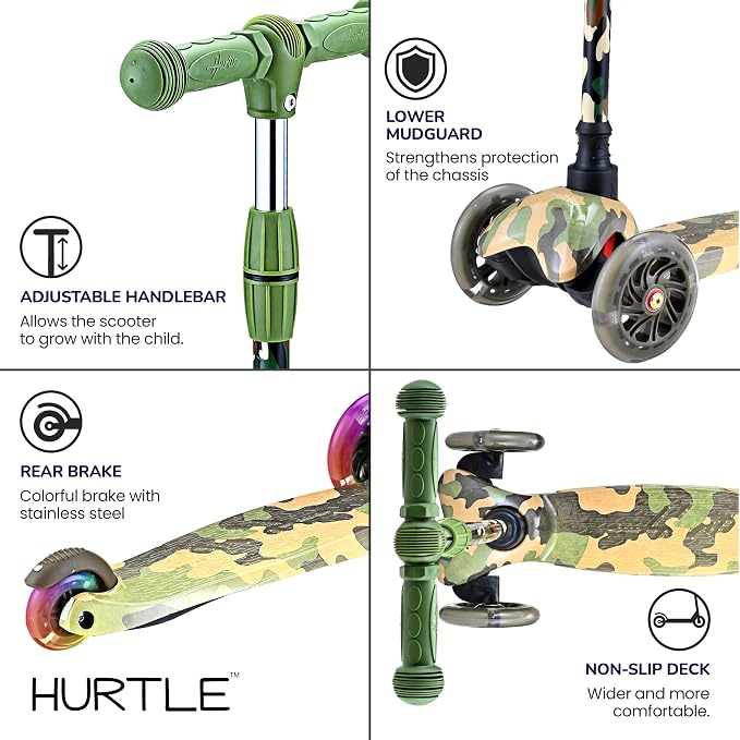 Hurtle Mini Kickboard 3 Wheel Scooter for Kids Ages 2-5 - Lean-to-Steer Toddler Scooter with Light-up LED Wheels, Adjustable Height & Rear Foot Brake for Boys. & Girls, Anti-Slip, Indoor/Outdoor