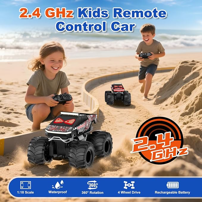 TOZDTO Remote Control Car, 1:18 Waterproof Monster Truck Toys RC Cars, 2.4GHz RC Trucks 4WD All Terrain Off-Road Pickup, Kids Christmas Birthday Presents for Boy Girl Toys Age 6 7 8 9 10 11 12