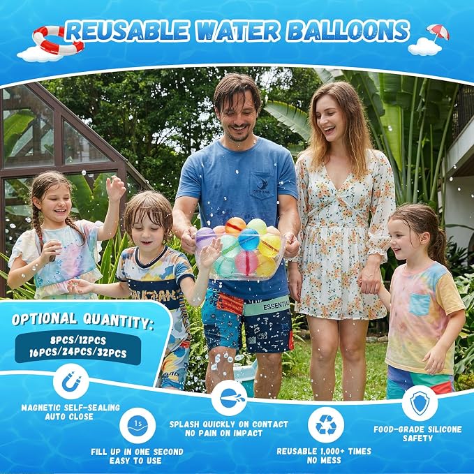 Reusable Water Balloons, Self-Sealing Refillable Magnetic Water Balls, Pool Beach Water Toys for Boys and Girls, Outdoor Summer Toys for Kids Ages 3+ (24 PCS)