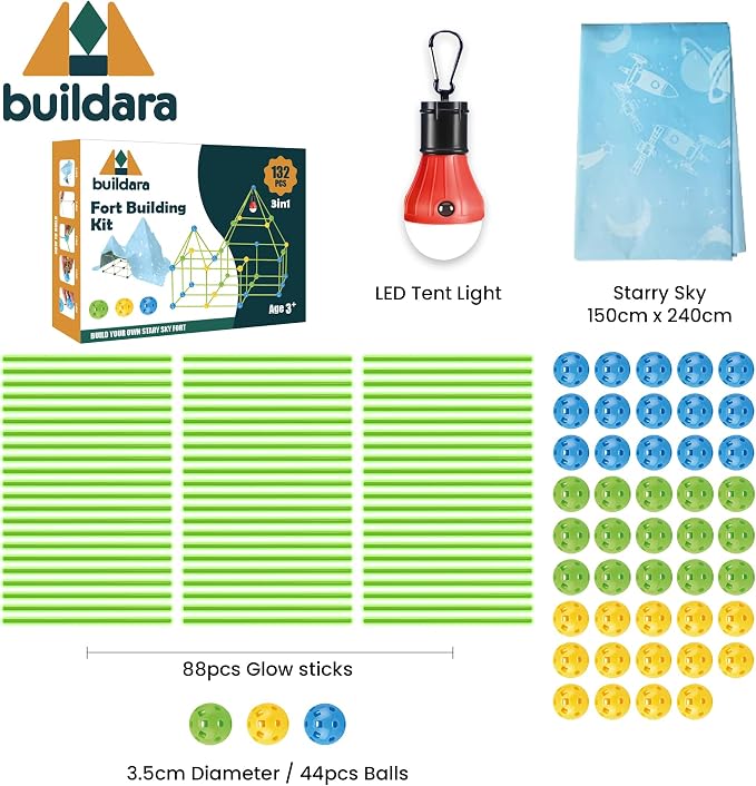 Fort Building Kit for Kids – 132 PCS Glow-in-the-Dark STEM Construction Toy with Starry Sheet & Light – Indoor Fort Builder for Boys & Girls Ages 3-8 – Creative Screen