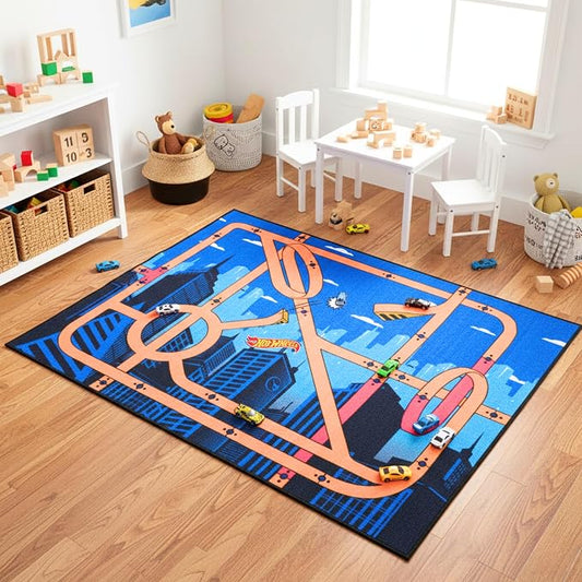 Hot Wheels Interactive Play Area Rug, 69 x 52 Inch Large Kids Race Track Playmat with Non-Slip Backing for Bedroom & Playroom (100% Officially Licensed Product) by Franco