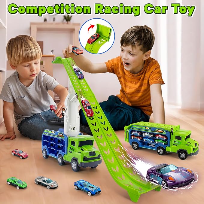 BainGesk Truck Toys Car for 3, 4, 5, 6 Years Old Boys, Carrier Race Truck Toys, Foldable 2 Layer Transport Car Toys with 27 in Race Track and 6 Metal Cars, Birthday Gifts for Toddler Boys Girls