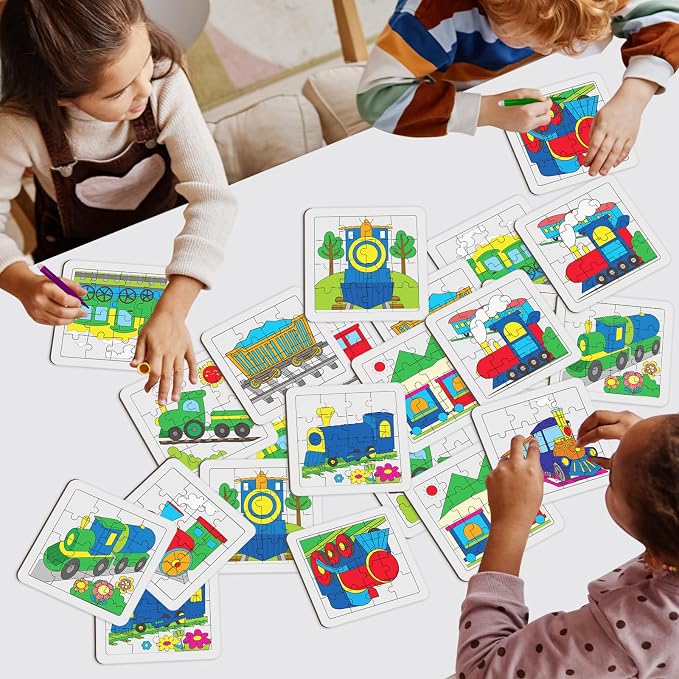 Cinrobiye 24 Pcs Train Coloring Puzzle Craft Kit for Kids, DIY Transportation Jigsaw Puzzles Bulk, Train-Themed Activity Set for Birthday Party Favors, Classroom Games, Art Projects