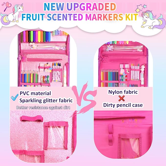 70Pcs Fruit Scented Markers Set - Kawaii Art Supplies with Unicorn Pencil Case, Coloring Set for Kids Include Marker, Pencil, Crayon, Pen, Eraser, Sticker, Unicorn Drawing Kit Birthday Gift for Girls
