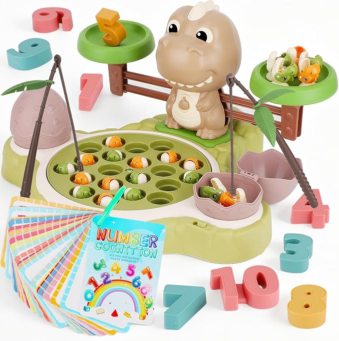 VGY STEM Quiet Balance Game – Dinosaur Magnetic Fishing Game & Math Scale Toy, Educational & Montessori Toys for 3 Year Old, Board Games for Kids 4-6, Electric Rotating Number Cards with Silent Motor