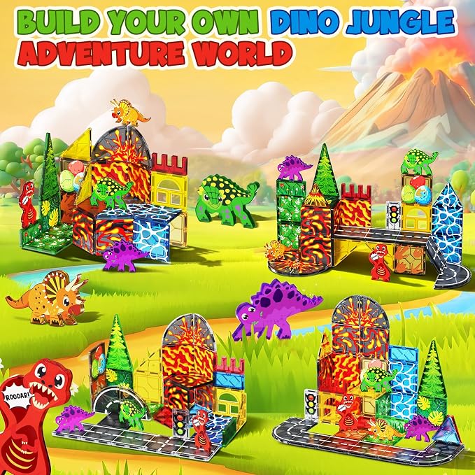 Dinosaur Toys Magnetic Tiles for Kids 3-5, Lava Dinosaur World Set Magnet Tiles for Kids Ages 4-8 5-7, Toddler Magnets Building Toys STEM Learning Sensory Birthday Gifts for 3+ Years Old Boys Girls