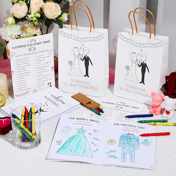 Gueevin 48 Pcs Wedding Activities for Kids Coloring Books Individually Packaged Wedding Coloring Books Gift Goodie Bags and Scavenger Hunt Sheets for Kids Games Favors(Crayons)