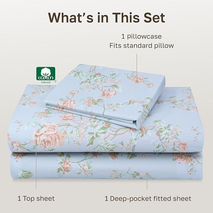 California Design Den Soft 100% Cotton Bed Sheets Twin XL Set, 400 Thread Count Good Housekeeping Award Winner, Smooth Sateen Finish, Cozy and Durable Twin XL Bedding Set - Floral Blue/Pink